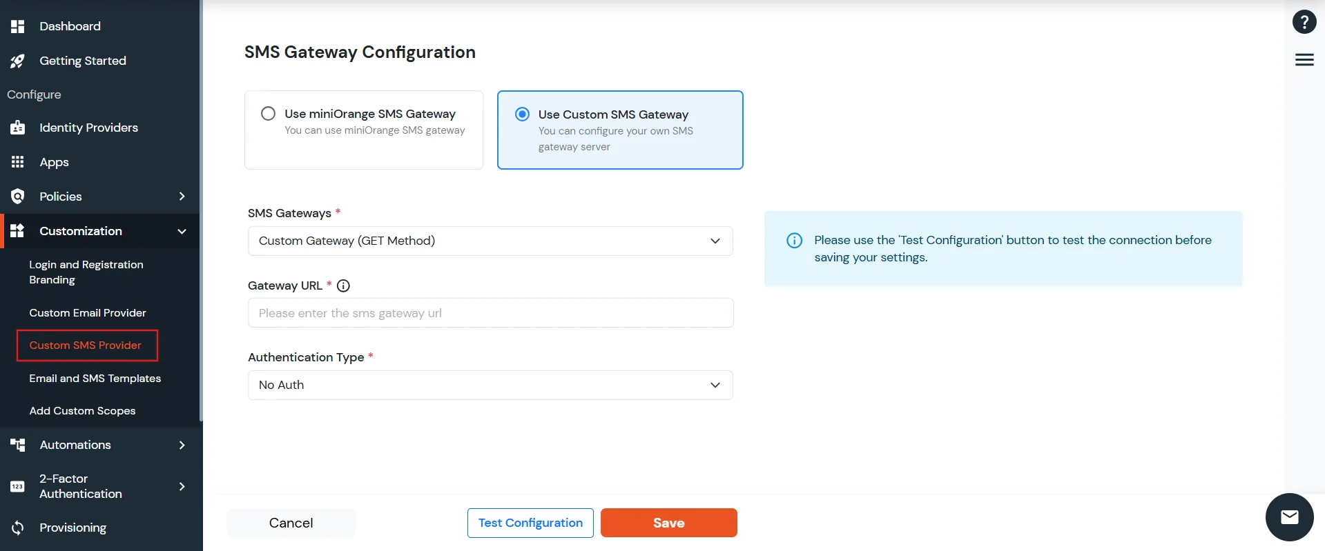 miniOrange Identity Platform Admin Handbook: Custom SMS Provider