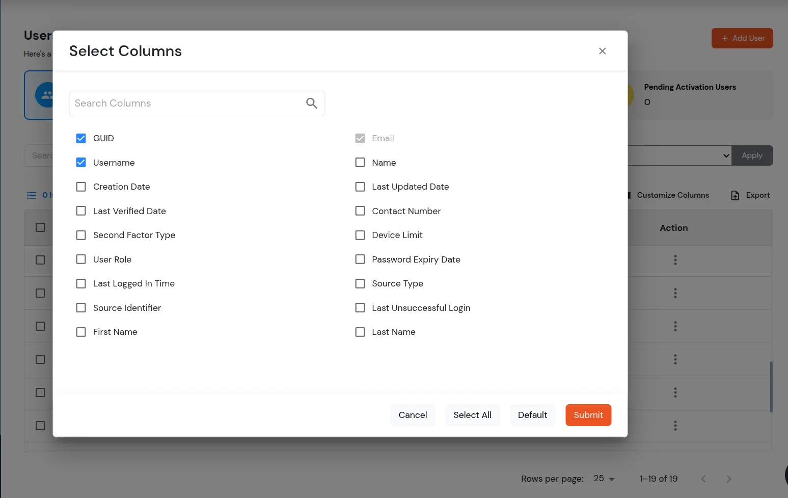 miniOrange Identity Platform Admin Handbook: Customize the Columns