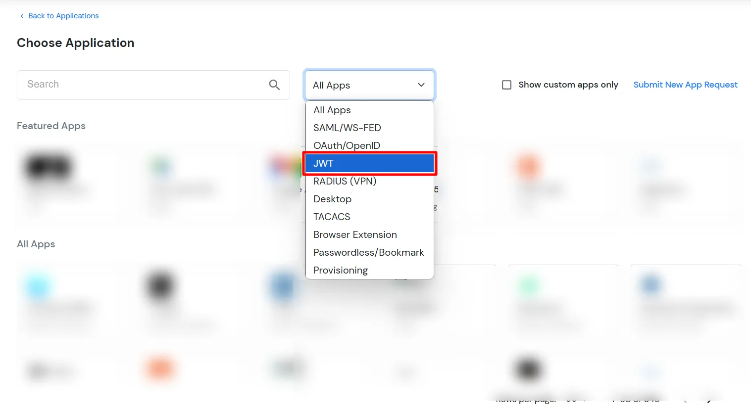 miniOrange Identity Platform Admin Handbook: Select JWT App from the All Apps dropdown