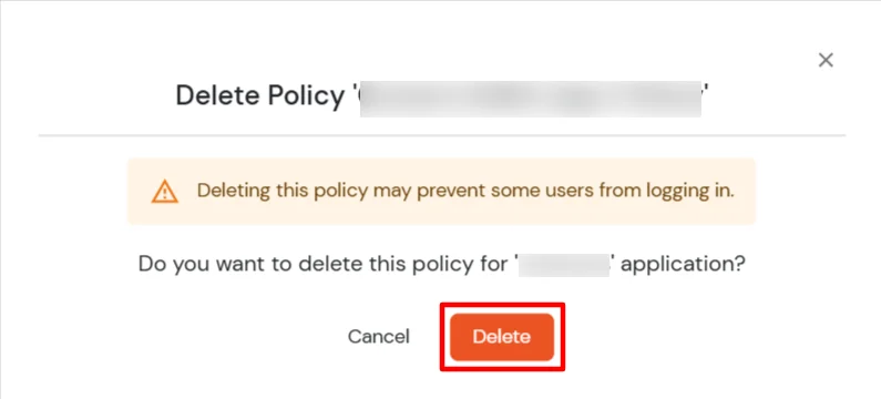 miniOrange Identity Platform Admin Handbook: Delete Policy modal