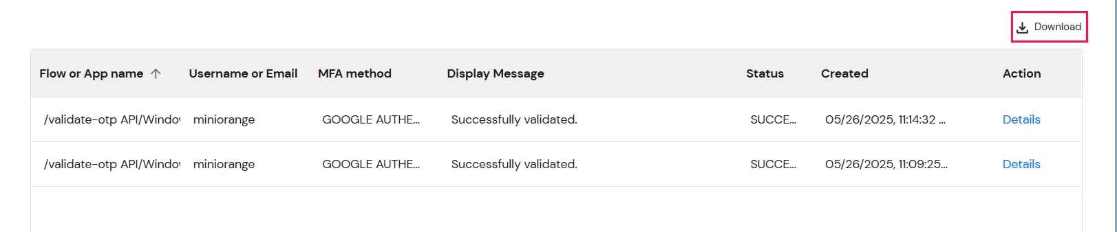 miniOrange Identity Platform Admin Handbook: Download  MFA report 