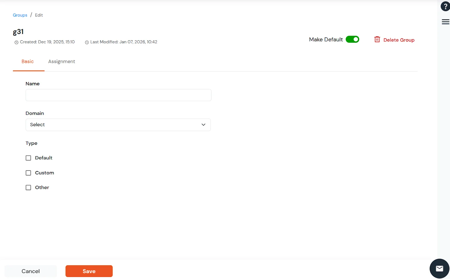 miniOrange Identity Platform Admin Handbook: Basic tab, edit group, Save