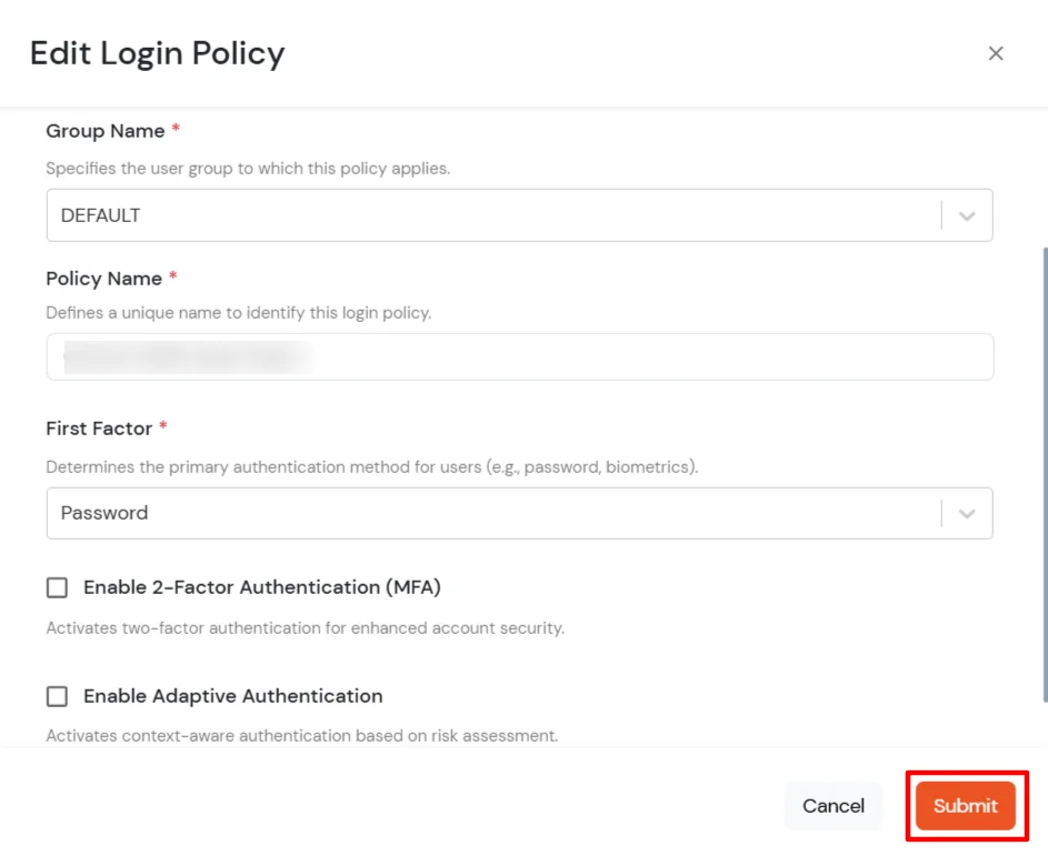 miniOrange Identity Platform Admin Handbook: Edit Login Policy modal