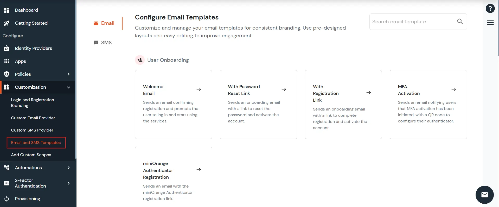 miniOrange Identity Platform Admin Handbook: Email and SMS Templates