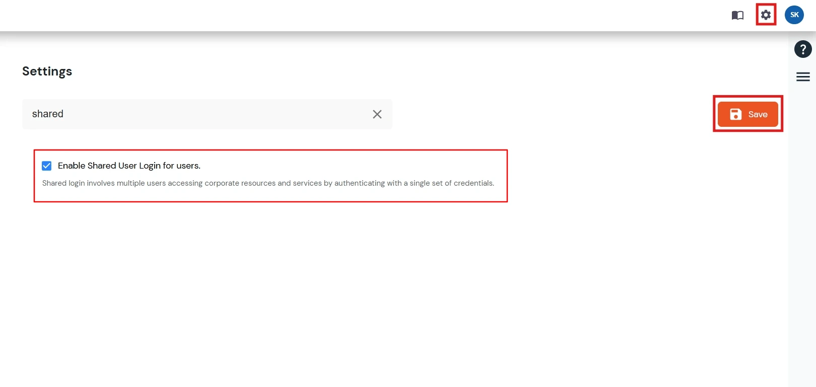 miniOrange Identity Platform Admin Handbook: Go to settings icon and enable shared user login for users 