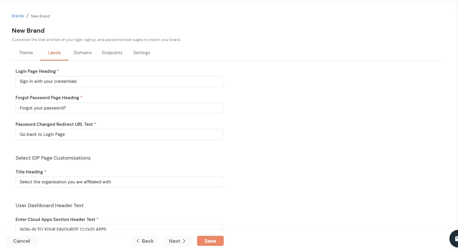 miniOrange Identity Platform Admin Handbook: Labels Tab