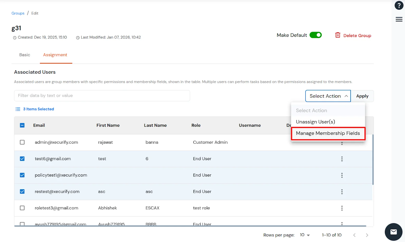 Action dropdown with Manage Membership Fields selected, Apply button