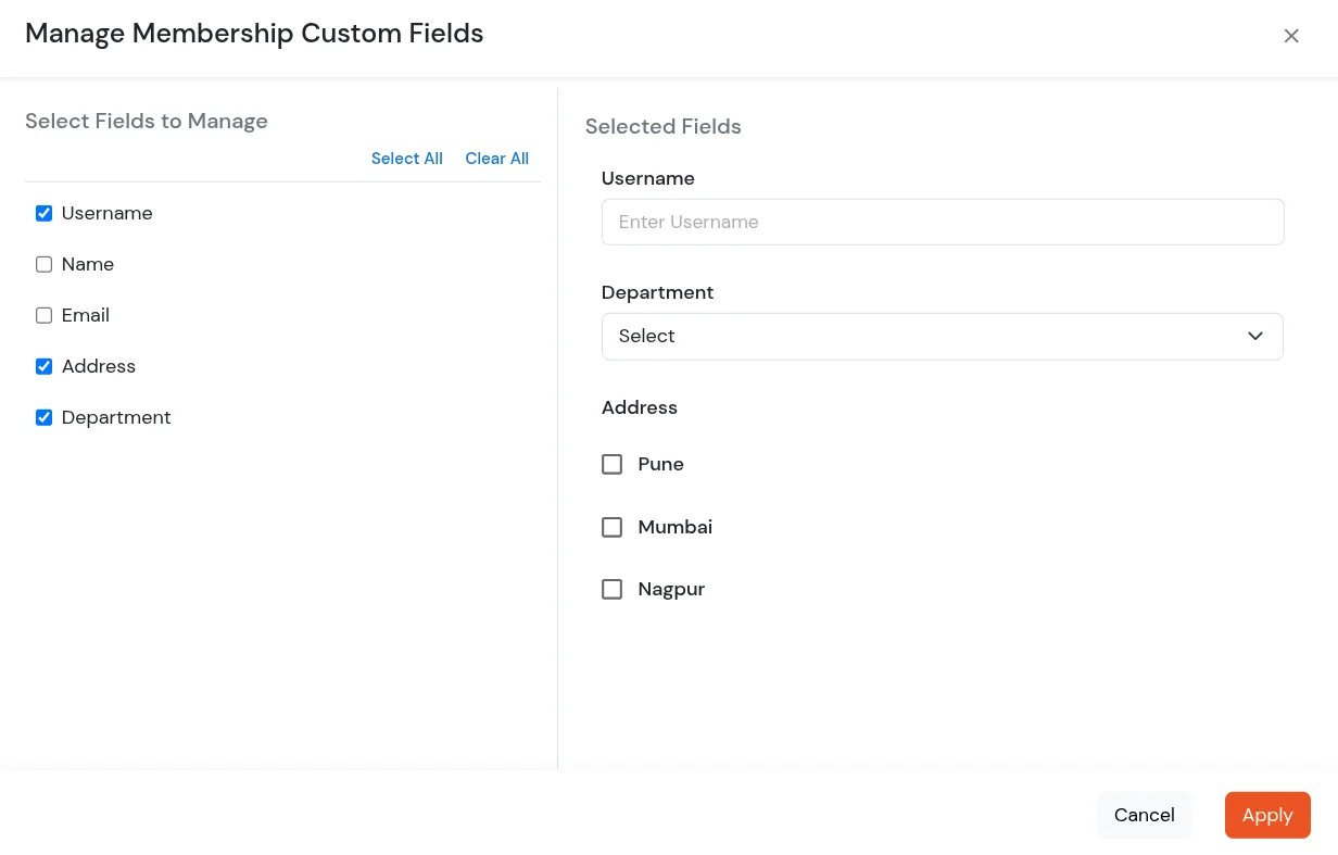 miniOrange Identity Platform Admin Handbook: Membership fields modal, Apply