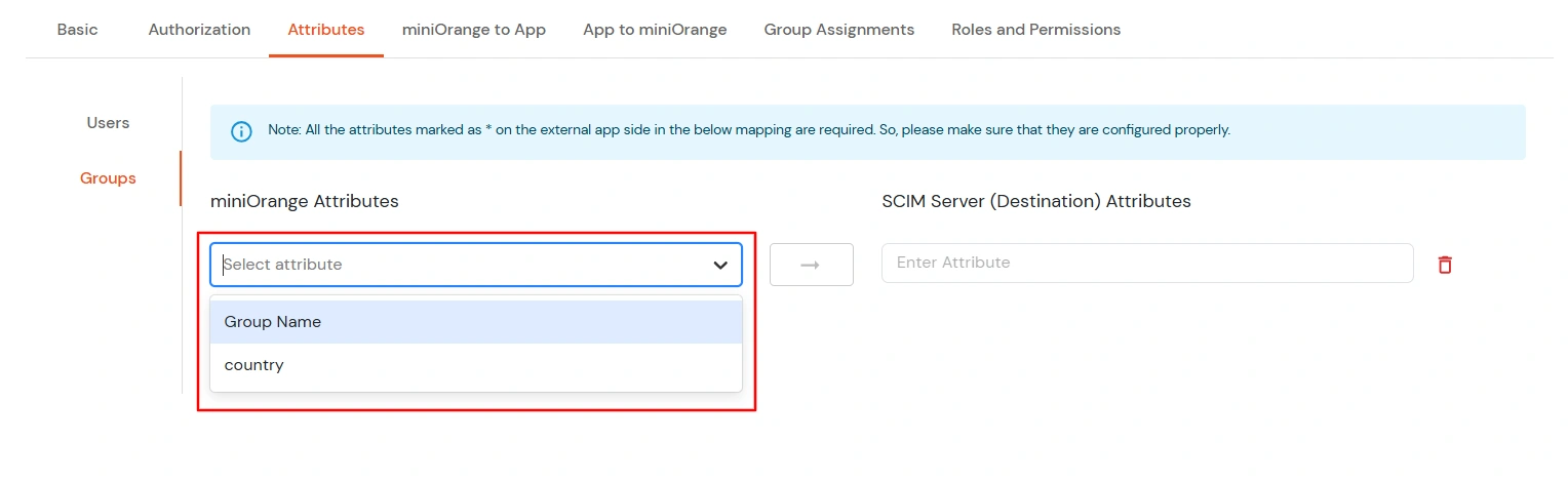 miniOrange Identity Platform Admin Handbook: SCIM Provisioning Select miniOrange Attribute from dropdown