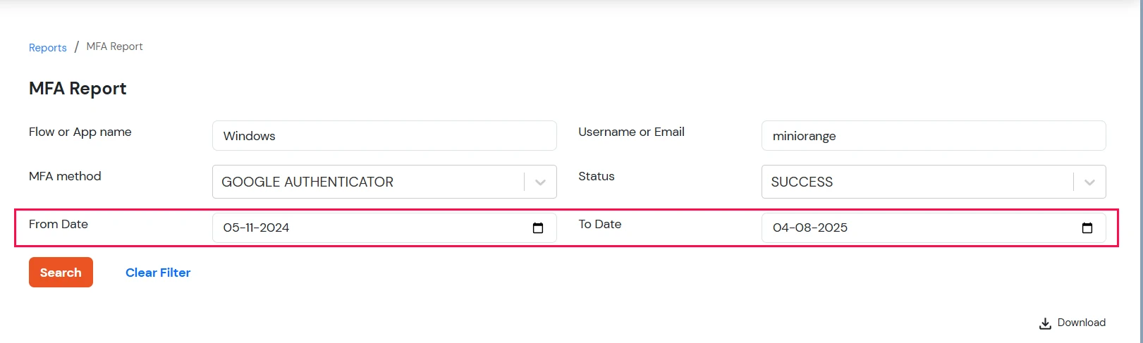 miniOrange Identity Platform Admin Handbook:  MFA report Date range