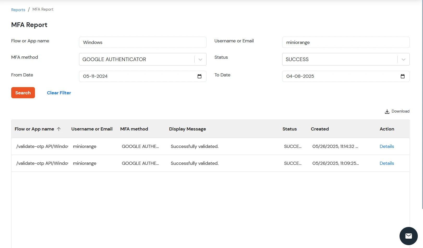 miniOrange Identity Platform Admin Handbook:  MFA report 