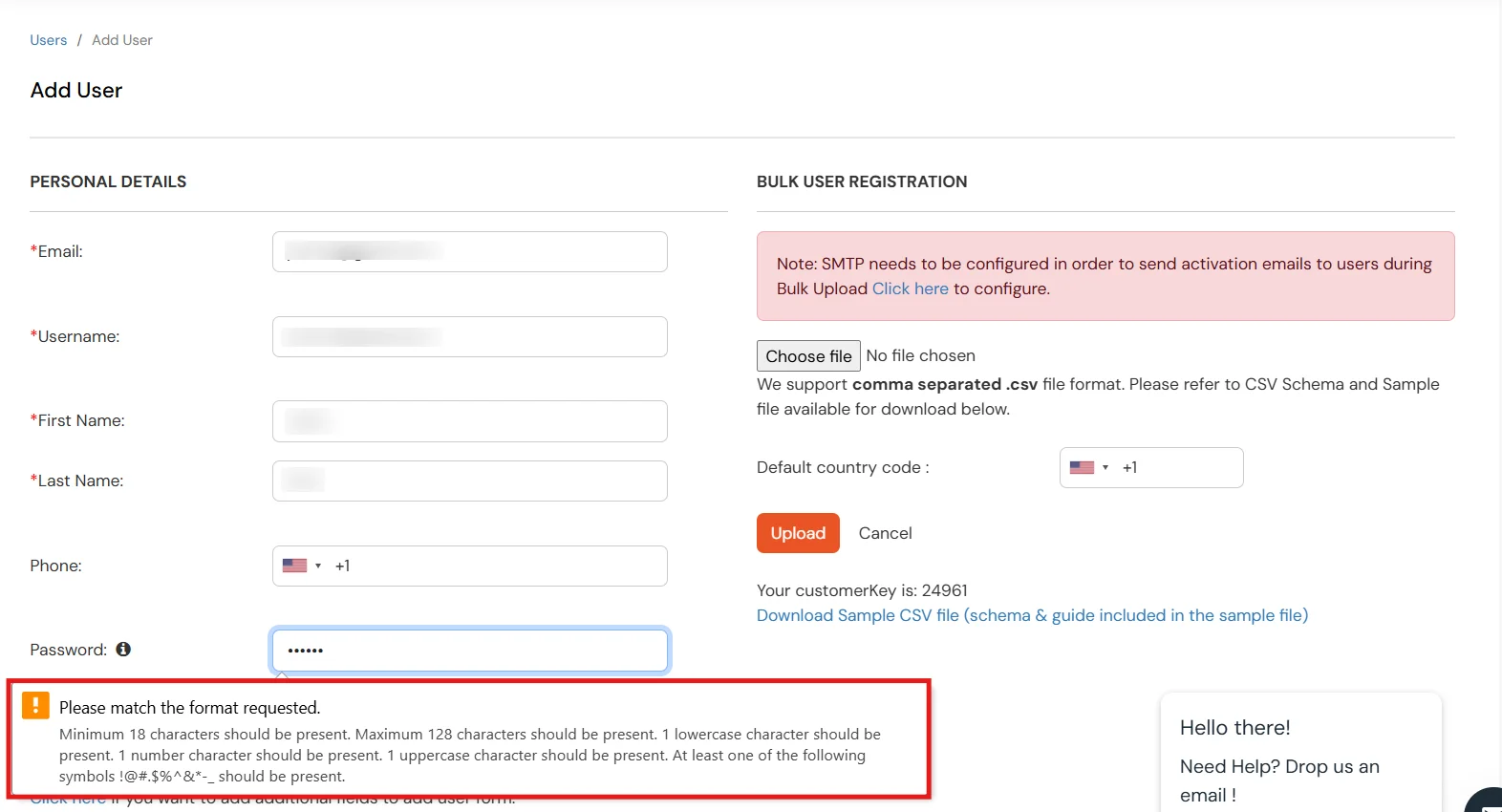 Password format validation error