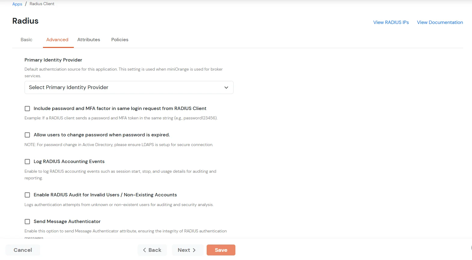 miniOrange Identity Platform Admin Handbook: Radius: Advanced settings