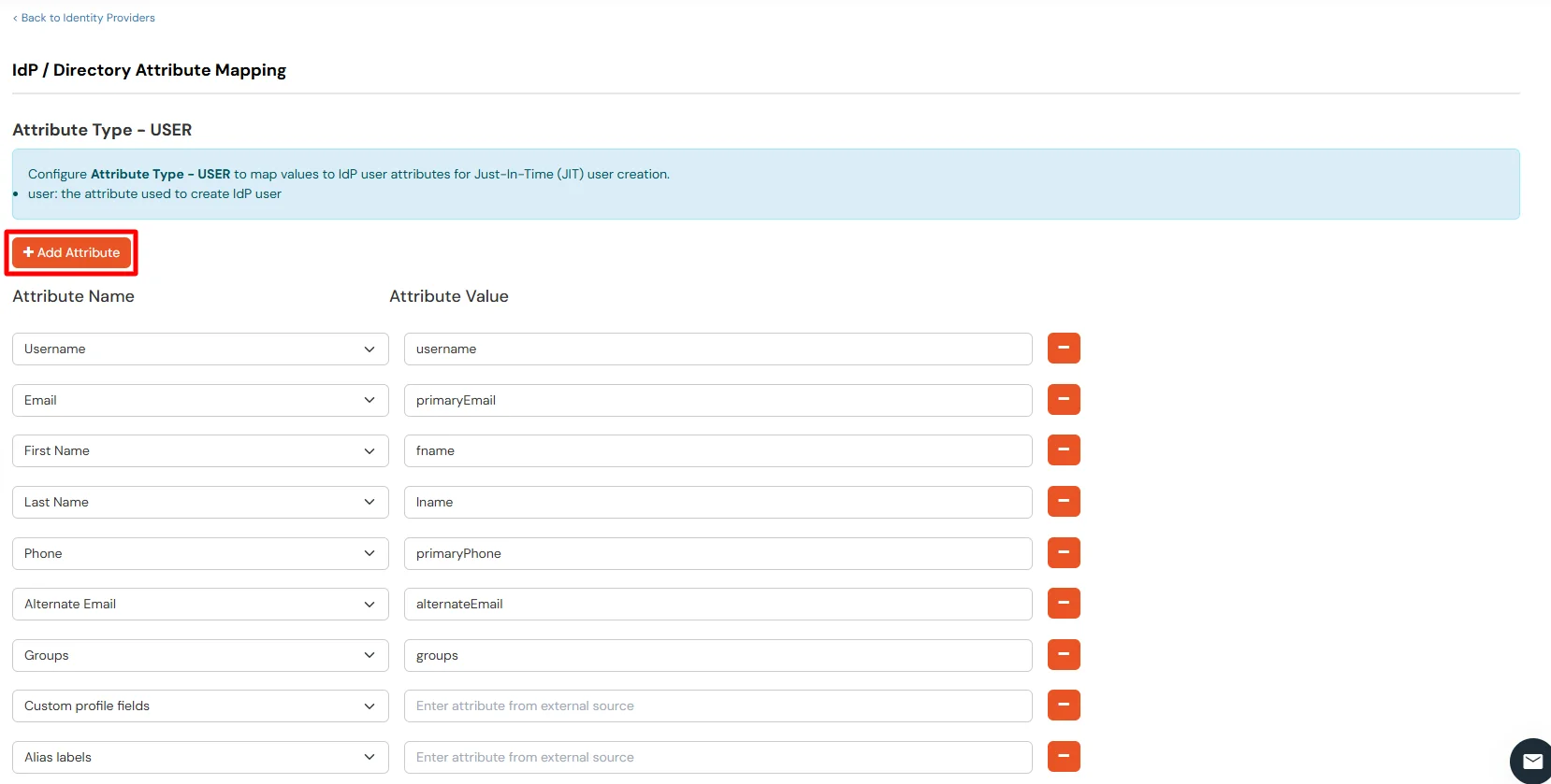 Just in Time Provisioning Configuration: Save Attribute Mapping
