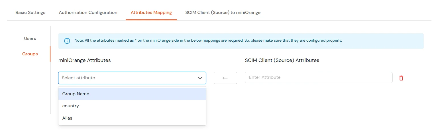 miniOrange Identity Platform Admin Handbook: Select miniOrange Attribute from dropdown