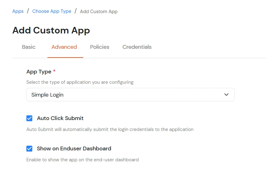 Zoho Docs Single Sign-On (SSO) select simple login app type