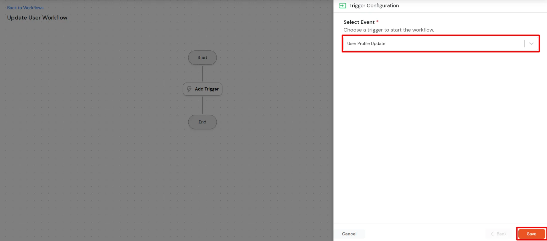 Select User Profile Update Event in Admin Handbook