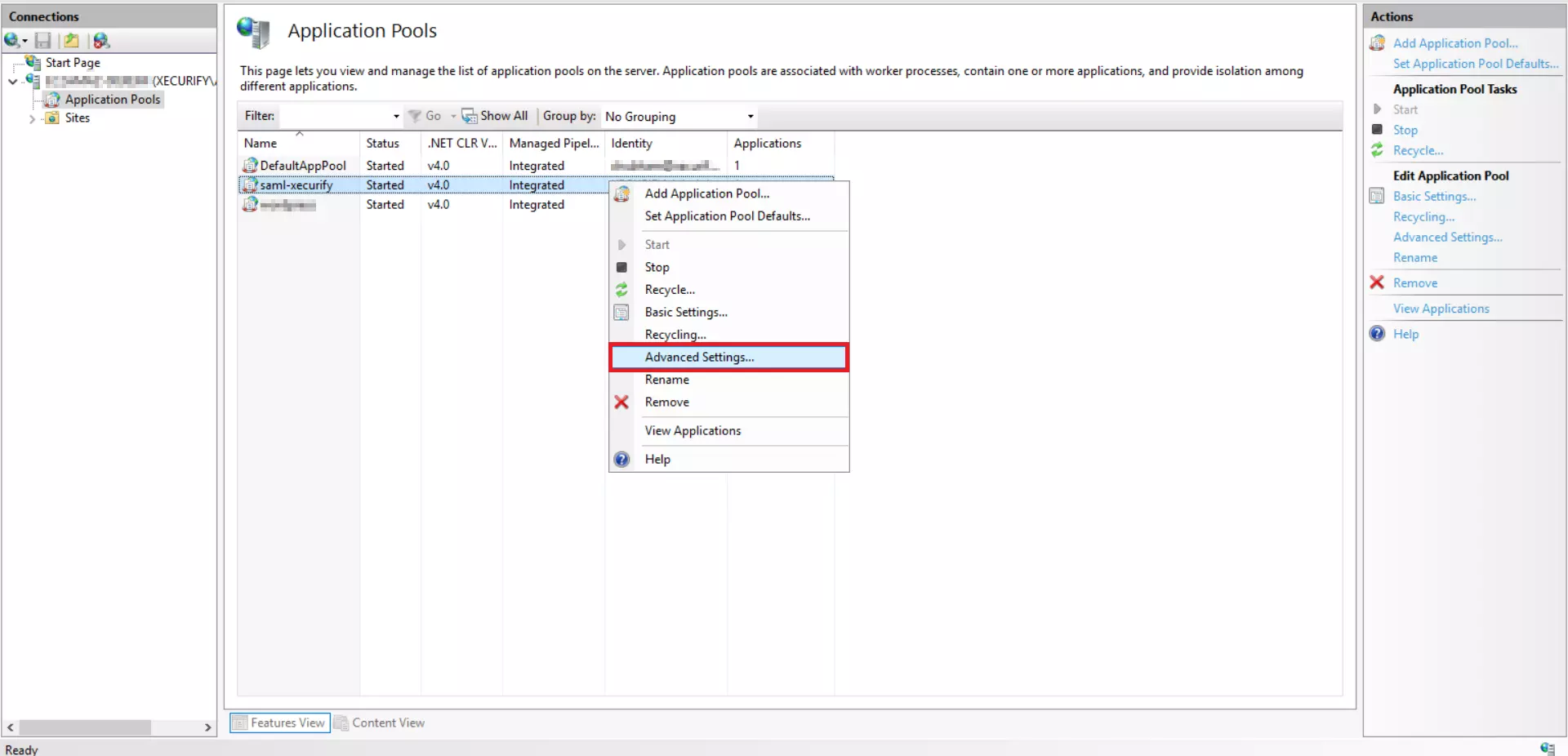 Integrated Windows Authentication: Application Pool - Advanced Settings