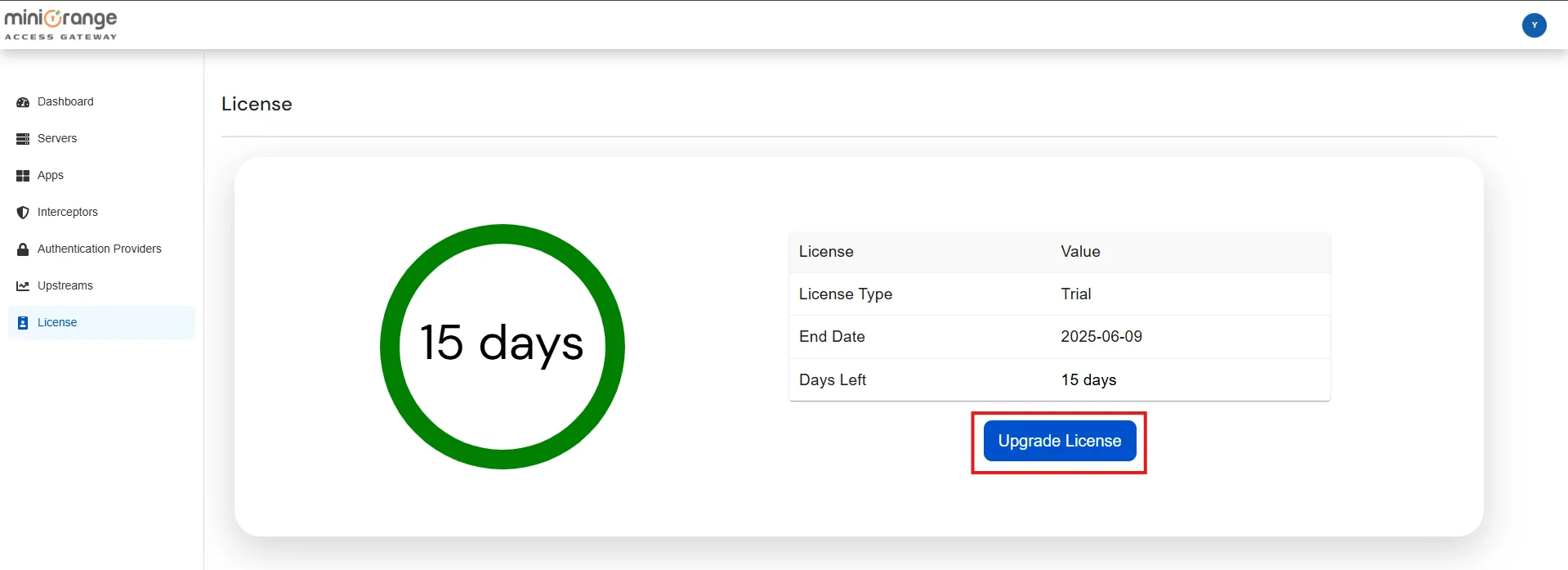 Setup miniOrange Access Gateway : Click Upgrade License