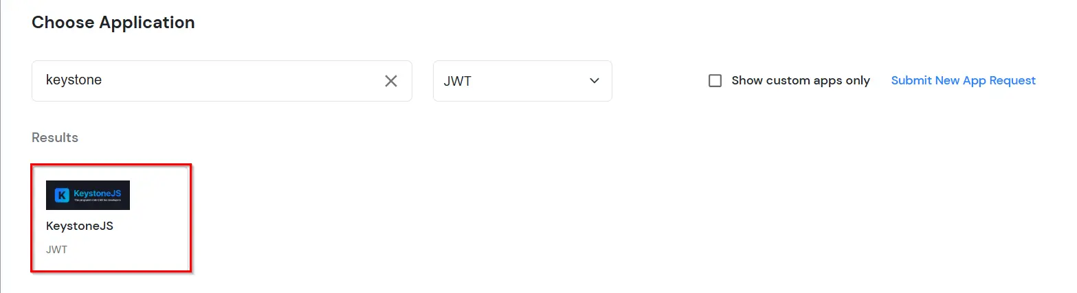Configure JWT application: Search KeystoneJS JWT application
