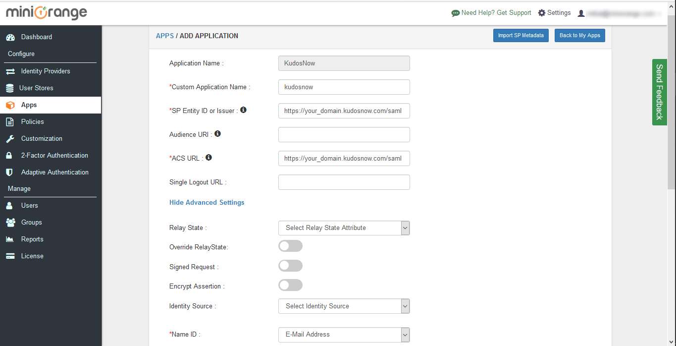 kudosnow sso configuration steps