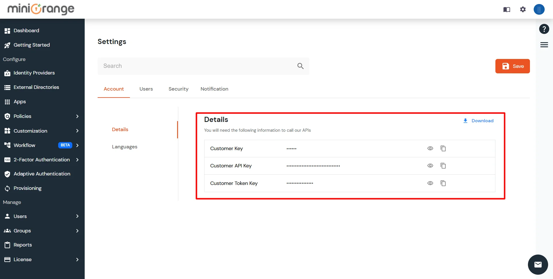 miniOrange LDAP Proxy : Under Details, collect Customer Key and API Key