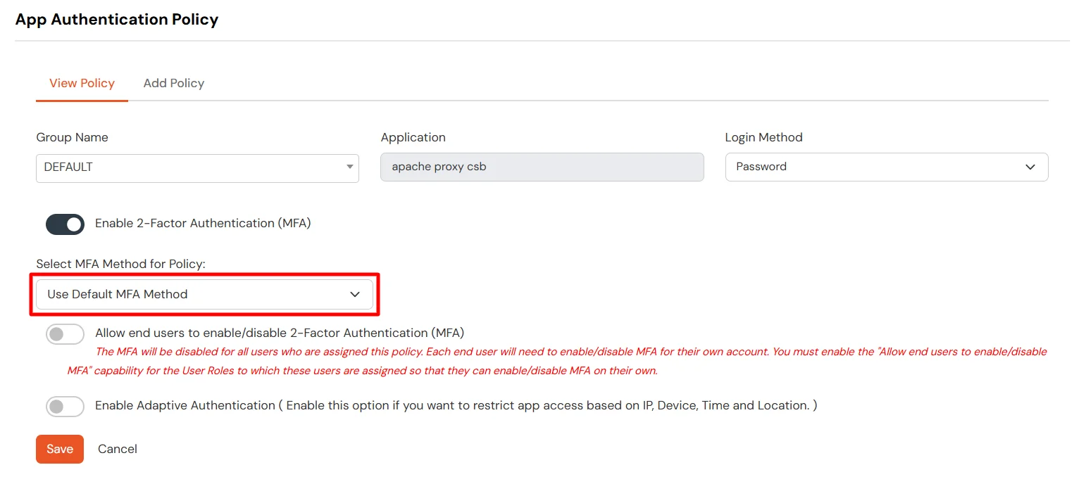 miniOrange LDAP Proxy : From the dropdown, select the MFA method for policy