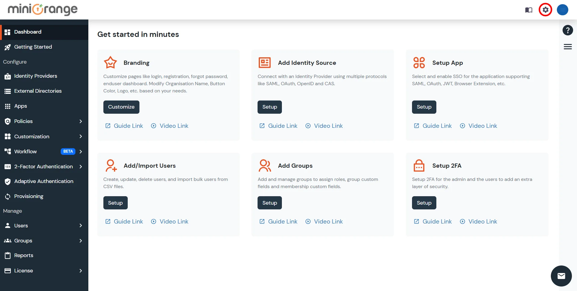 miniOrange LDAP Proxy : Navigate to Settings Icon from top right corner