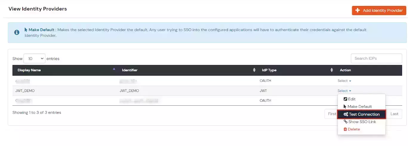 JWT IDP SSO: Test Connection