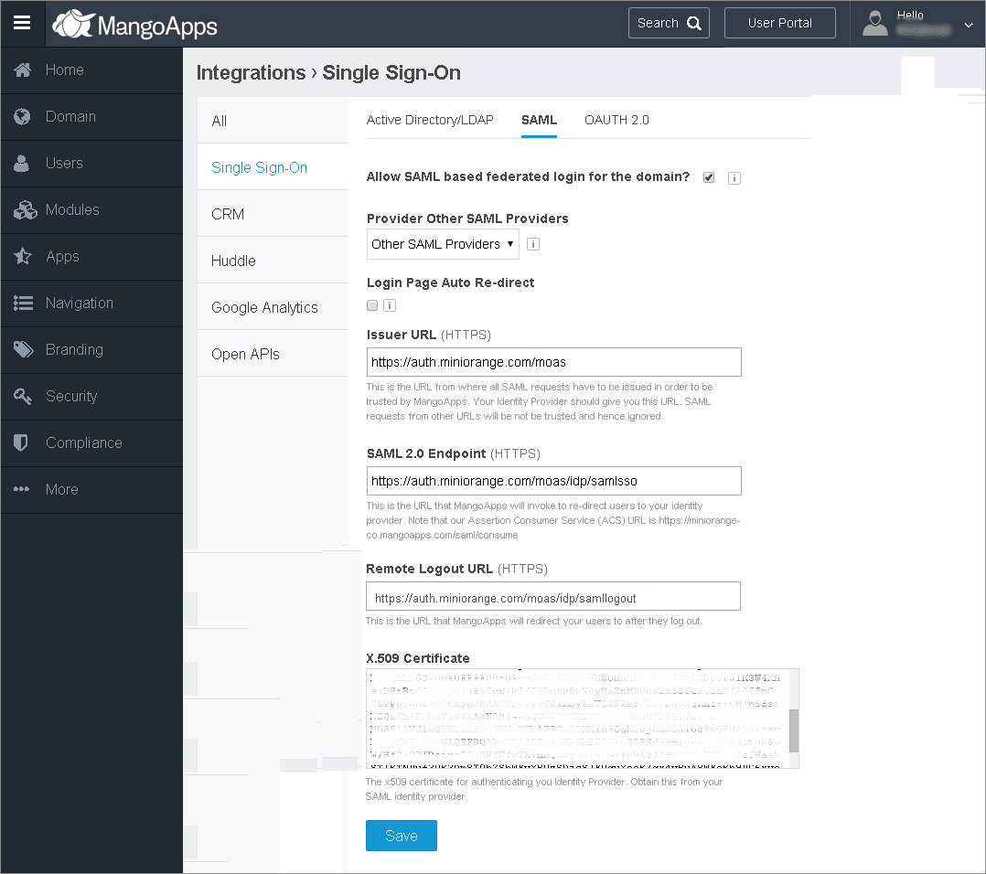 mangoapps sso enter configuration details