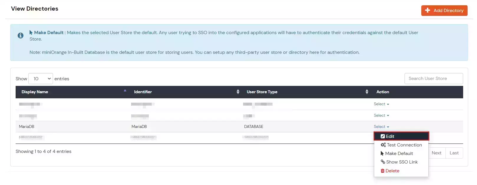 User Provisioning, Database Provisioning Edit External Directory page
