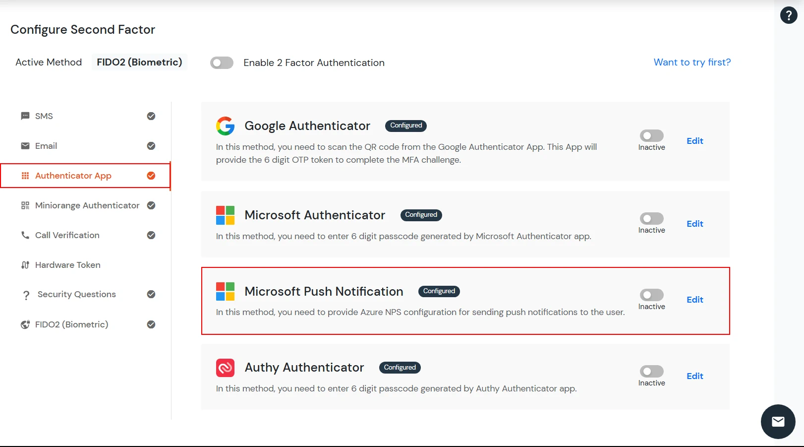 select Microsoft Push Notification 2FA method