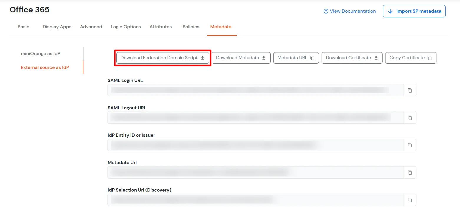 Outlook Single Sign-On (SSO) Go to Metadata