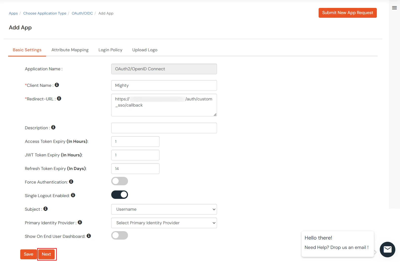 Mighty Networks Single Sign-On (SSO) - Basic Settings, enter client name and redirect url