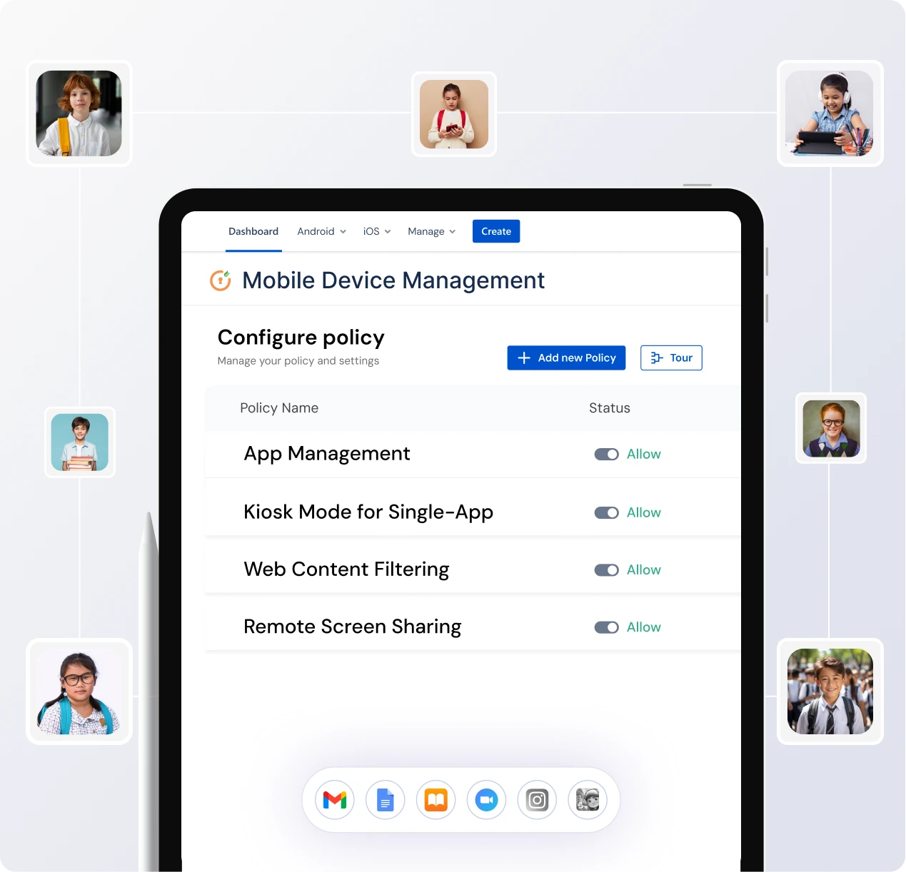MDM dashboard for education and device policies