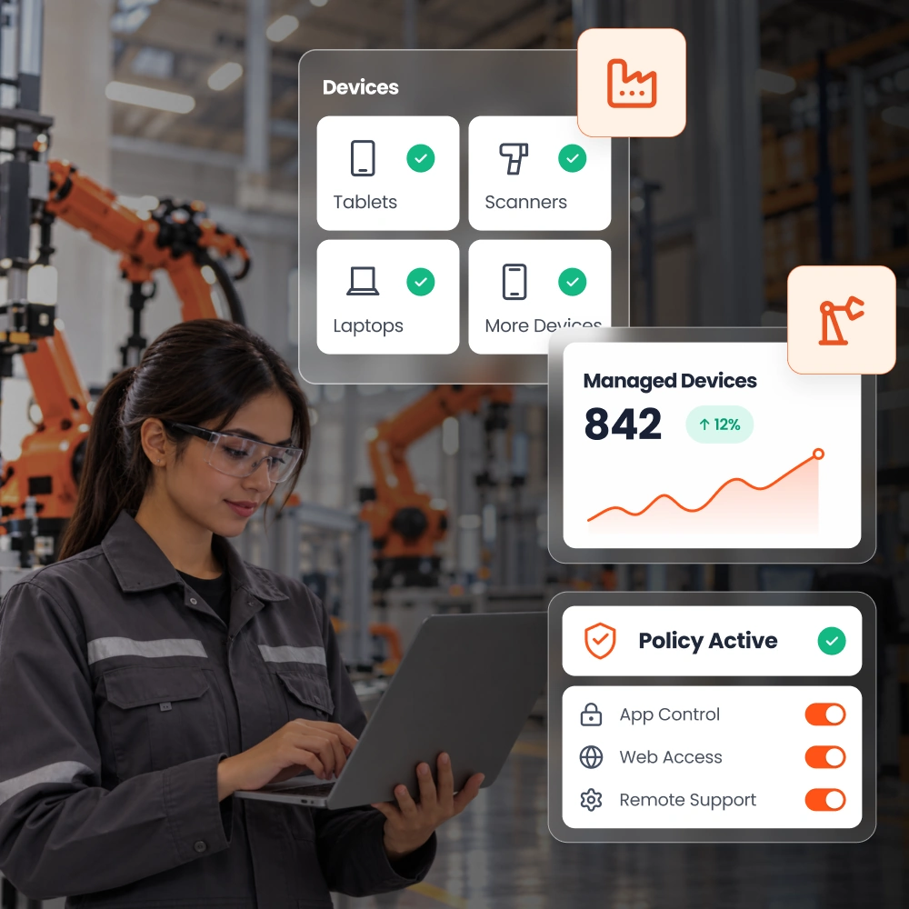 Shop-floor worker managing tablets, scanners, and laptops