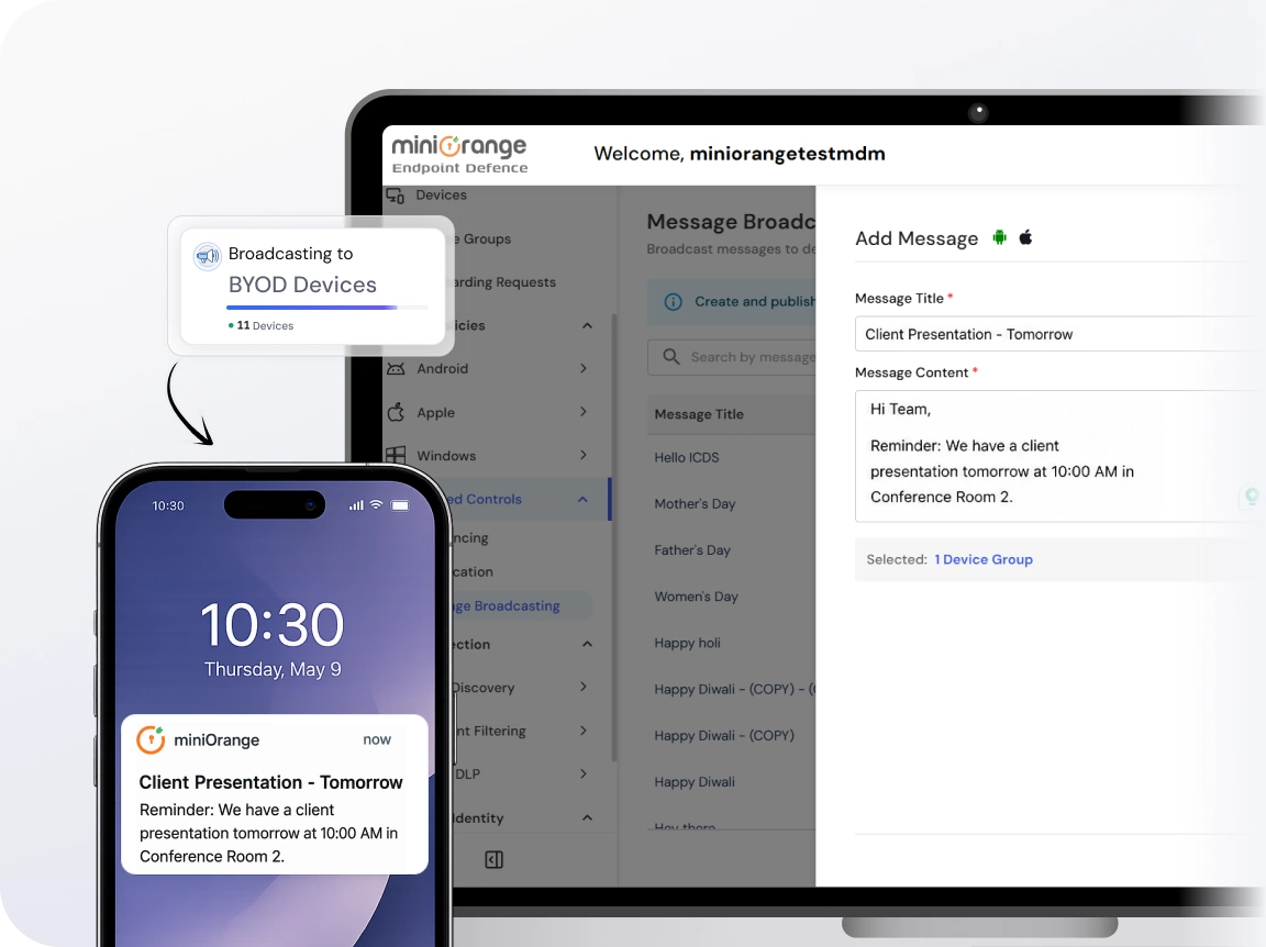 MDM broadcast messaging dashboard for managed devices
