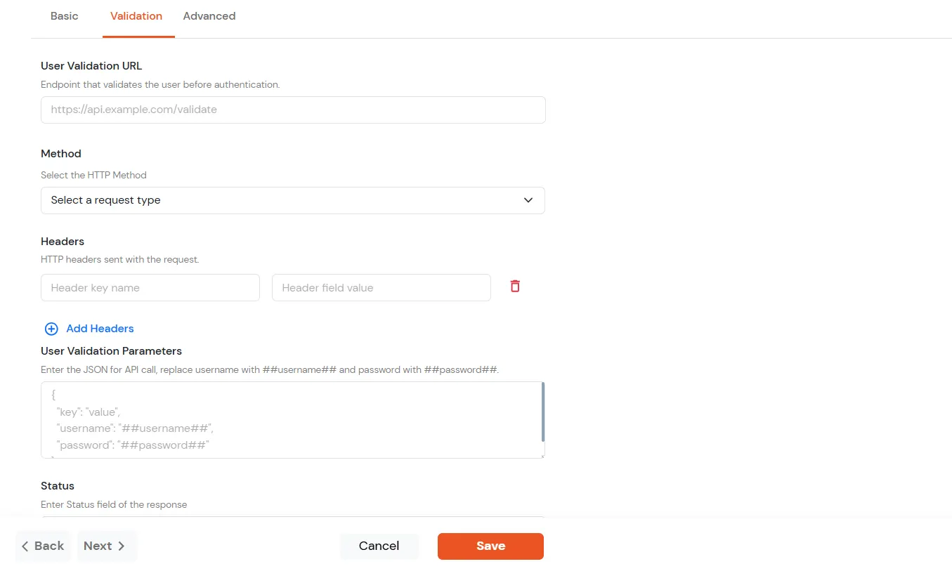 Configure Custom API Validation tab