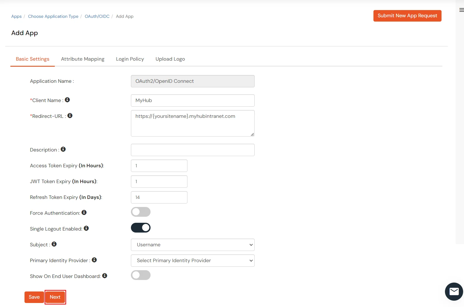 MyHub Single Sign-On (SSO) - Basic Settings, enter client name and redirect url