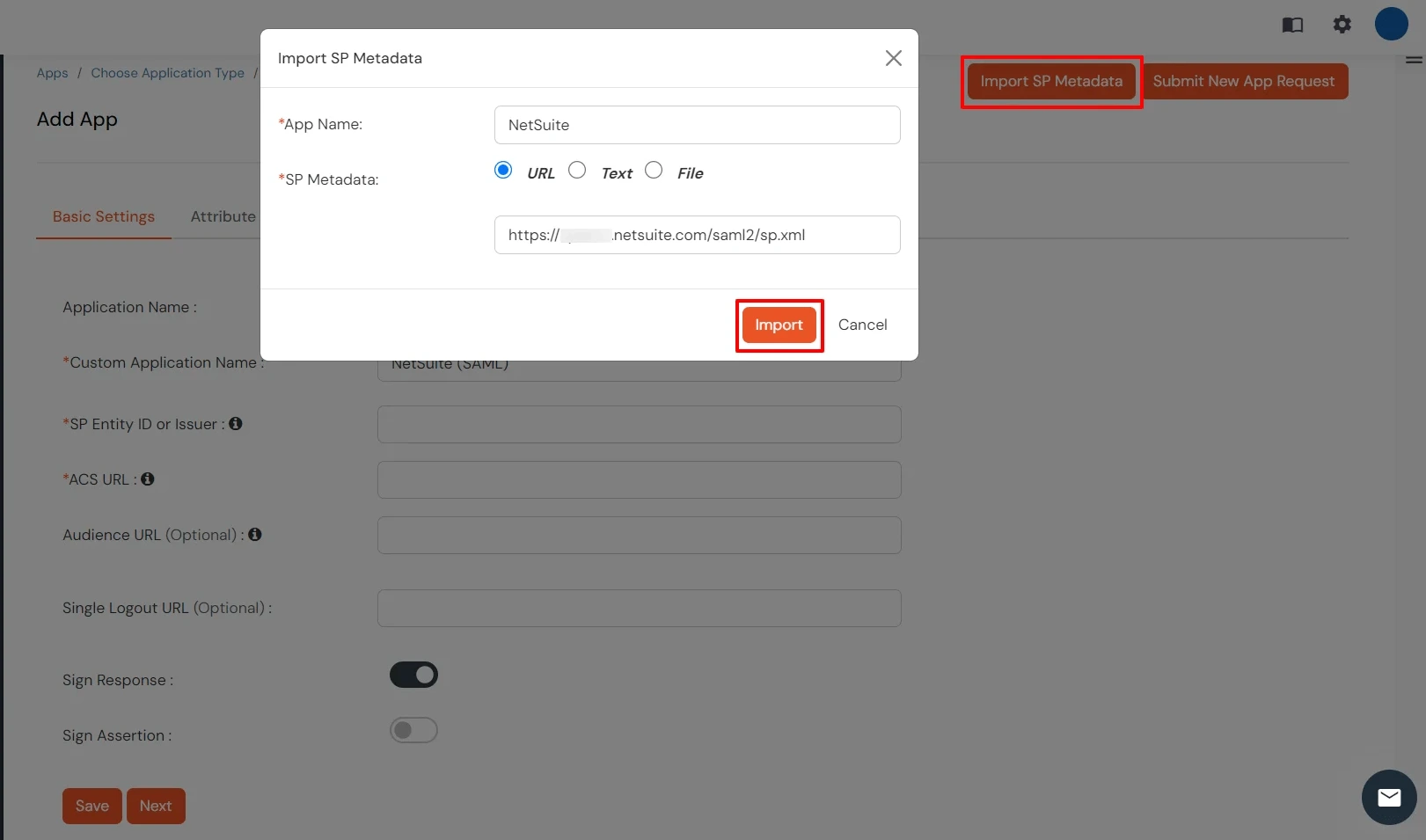 Netsuite Single Sign-On (sso) Upload SP Metadata File in miniOrange Dashboard