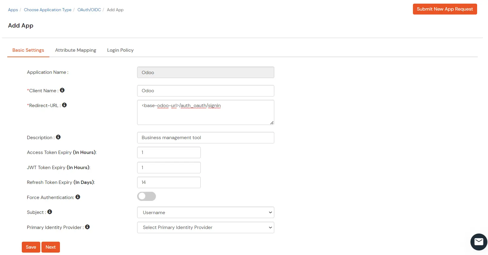 Single Sign-On (SSO) for Odoo : Fill app details
