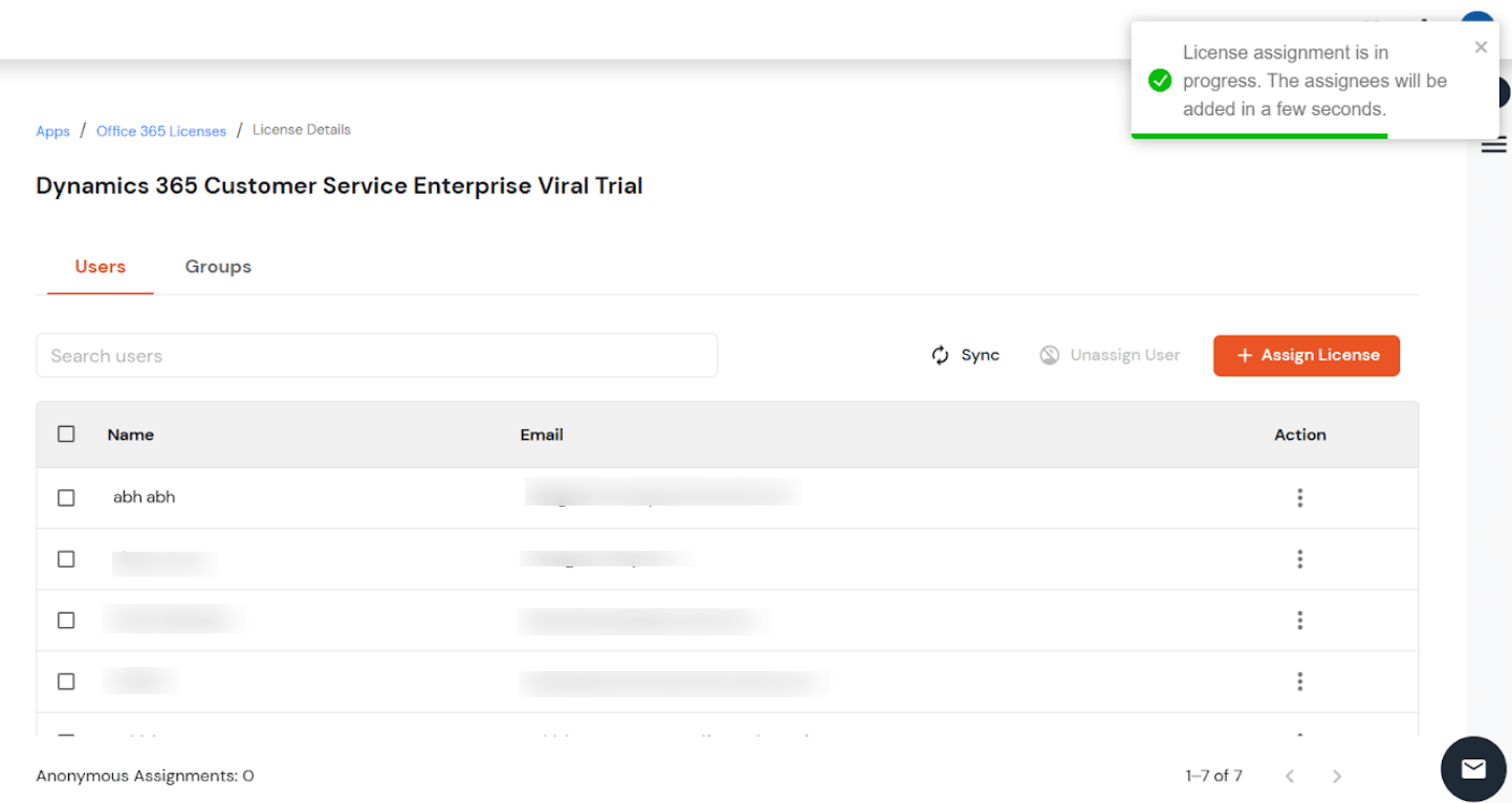 Office 365 license provisioning tab - License Assign Successfully
