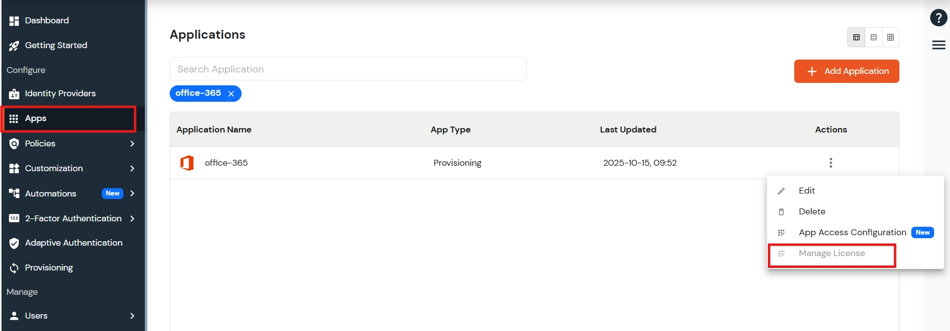 Office 365 license provisioning tab - Manage License