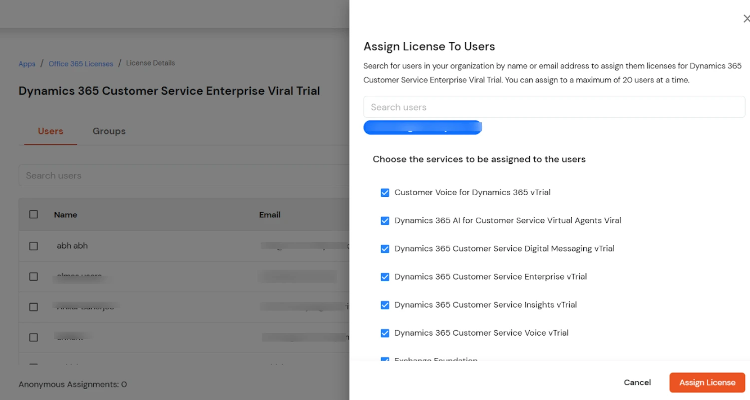 Office 365 license provisioning tab - Click on Assign License
