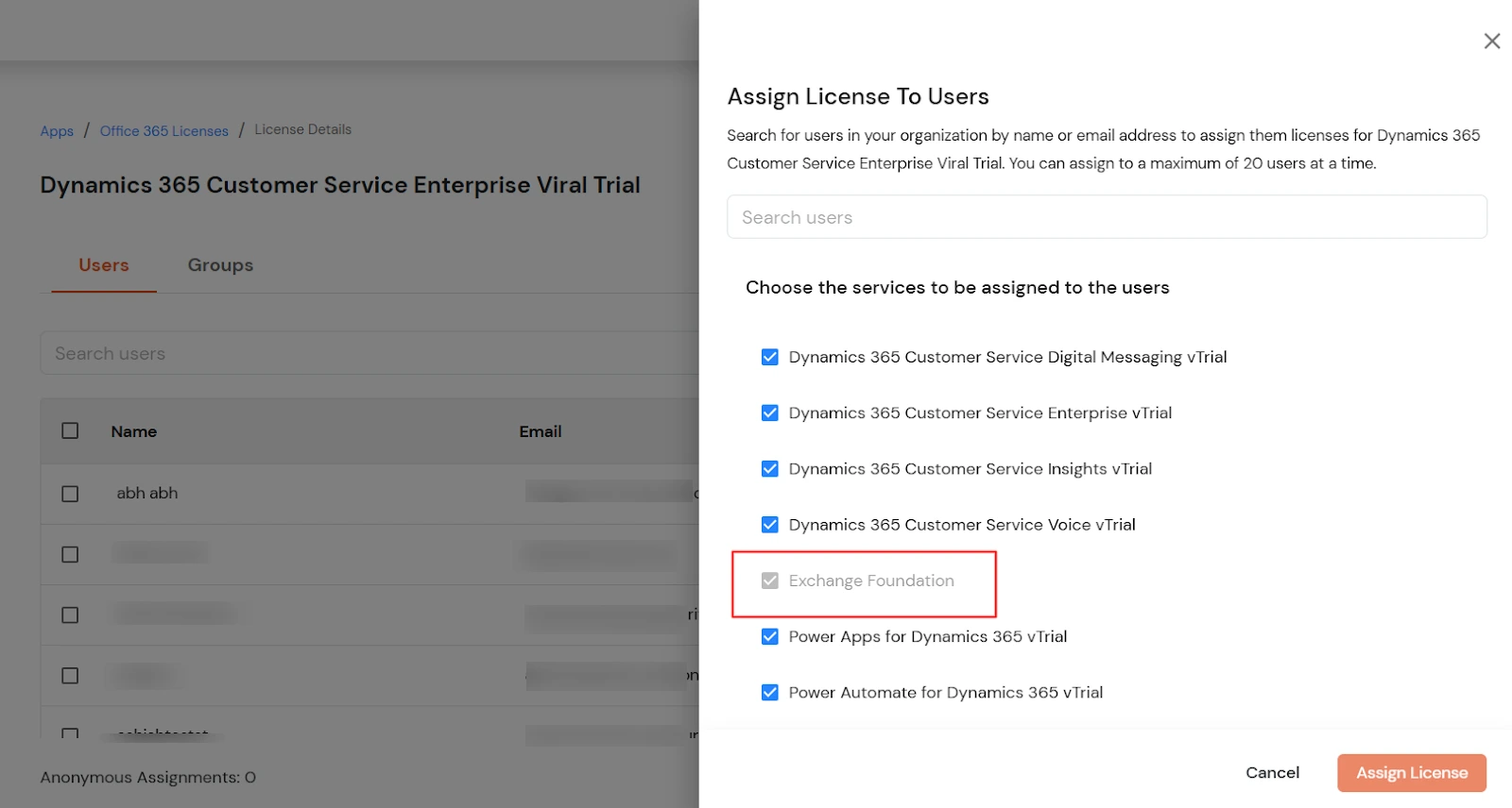 Office 365 license provisioning tab - License Assignment Limit