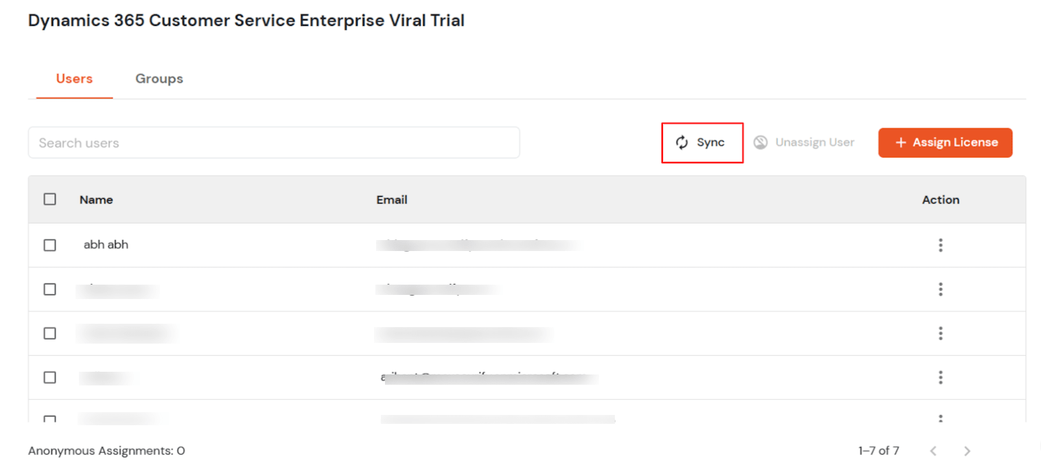 Office 365 license provisioning tab - Sync User