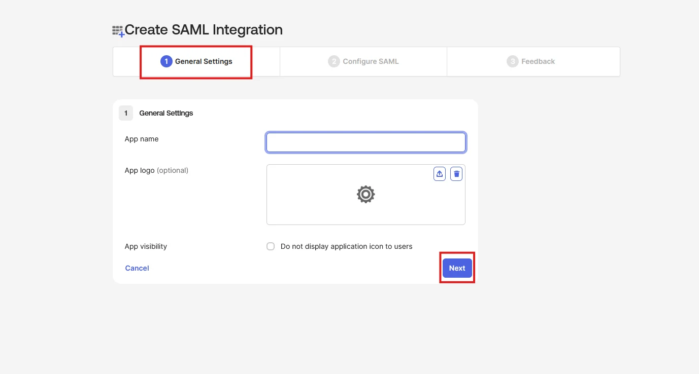Okta as SAML IDP : Enter App aame and click next