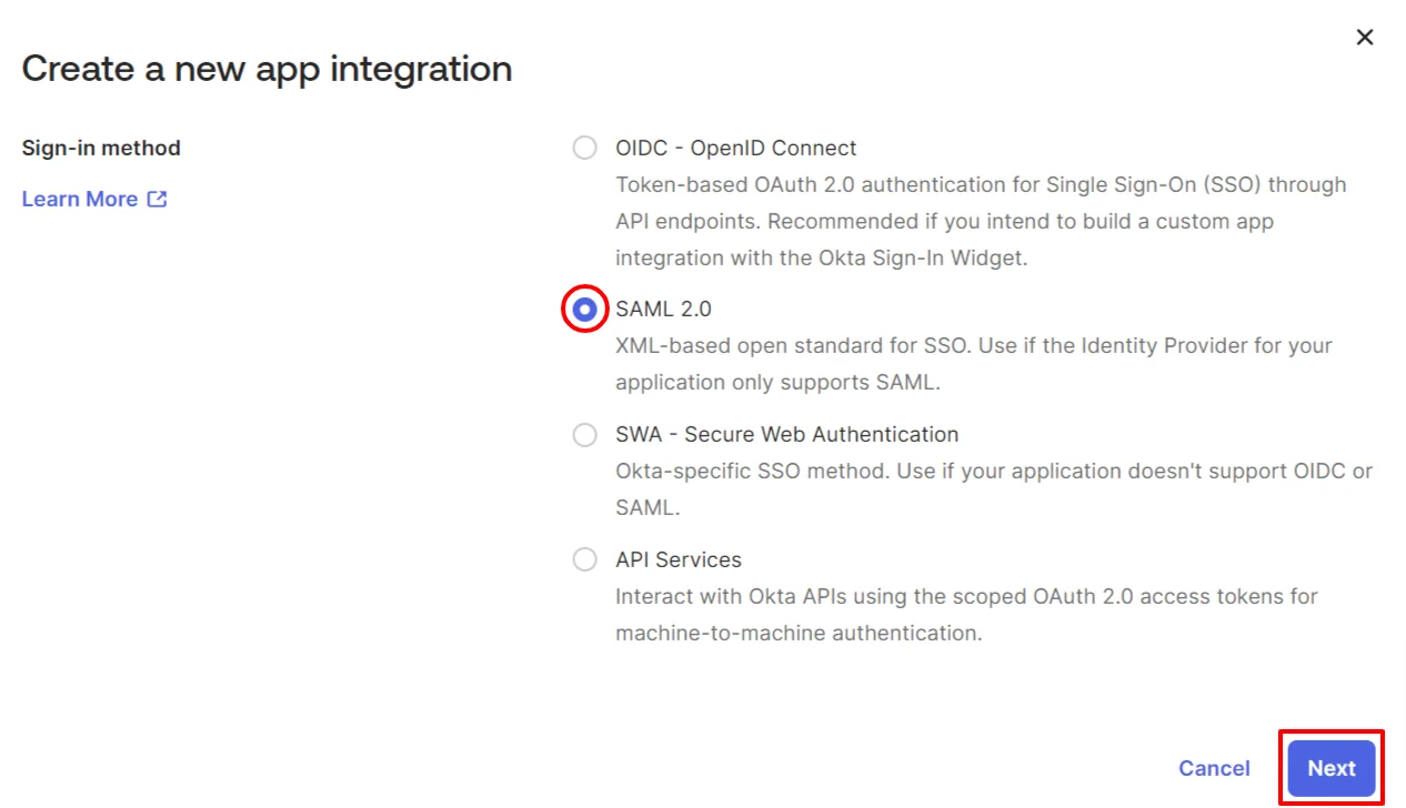 Okta as SAML IDP : Select SAML 2.0