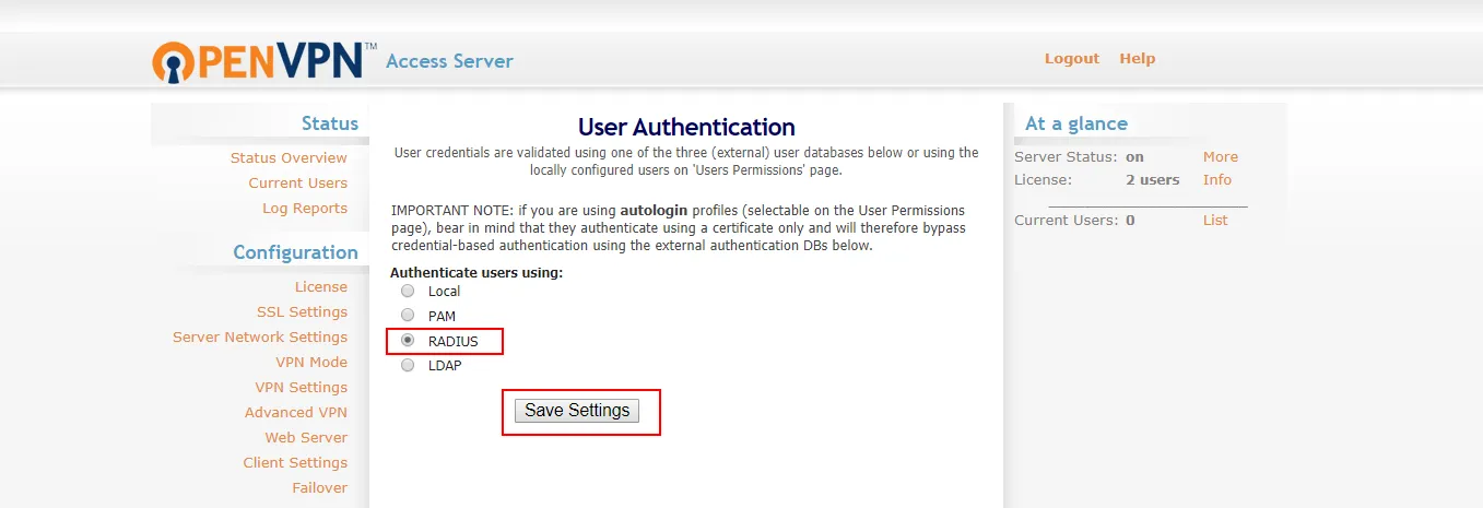 OpenVPN Multi-Factor authentication (MFA/2FA): select Radius and Save