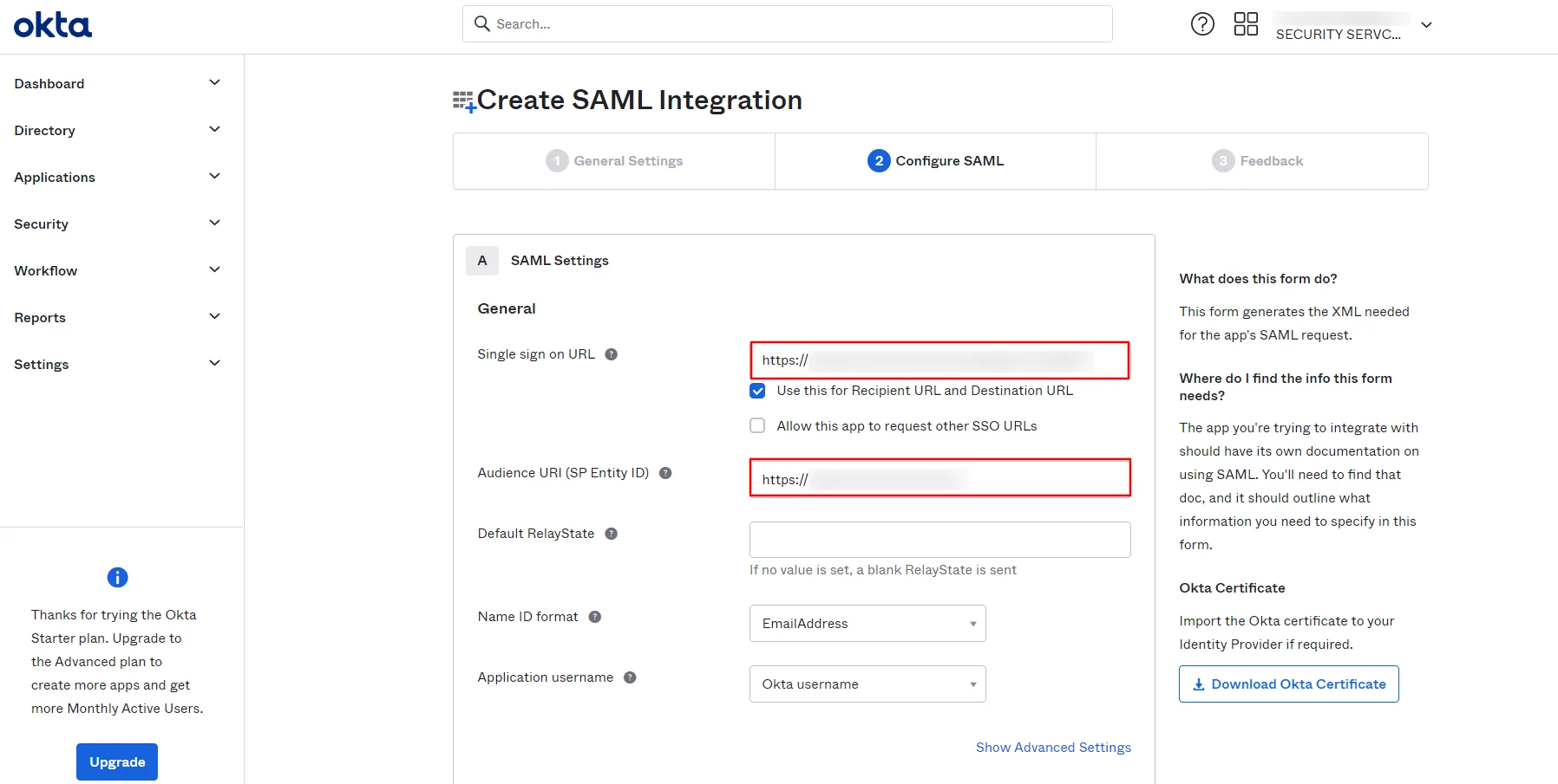 Oracle EBS SSO Okta: Submit Redirect URL and Audience URL